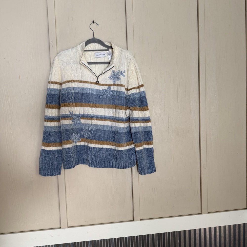 Alfred Dunner Sweater Womens Large Blue Stripe Floral Knit 1/4 Zip Mock Neck